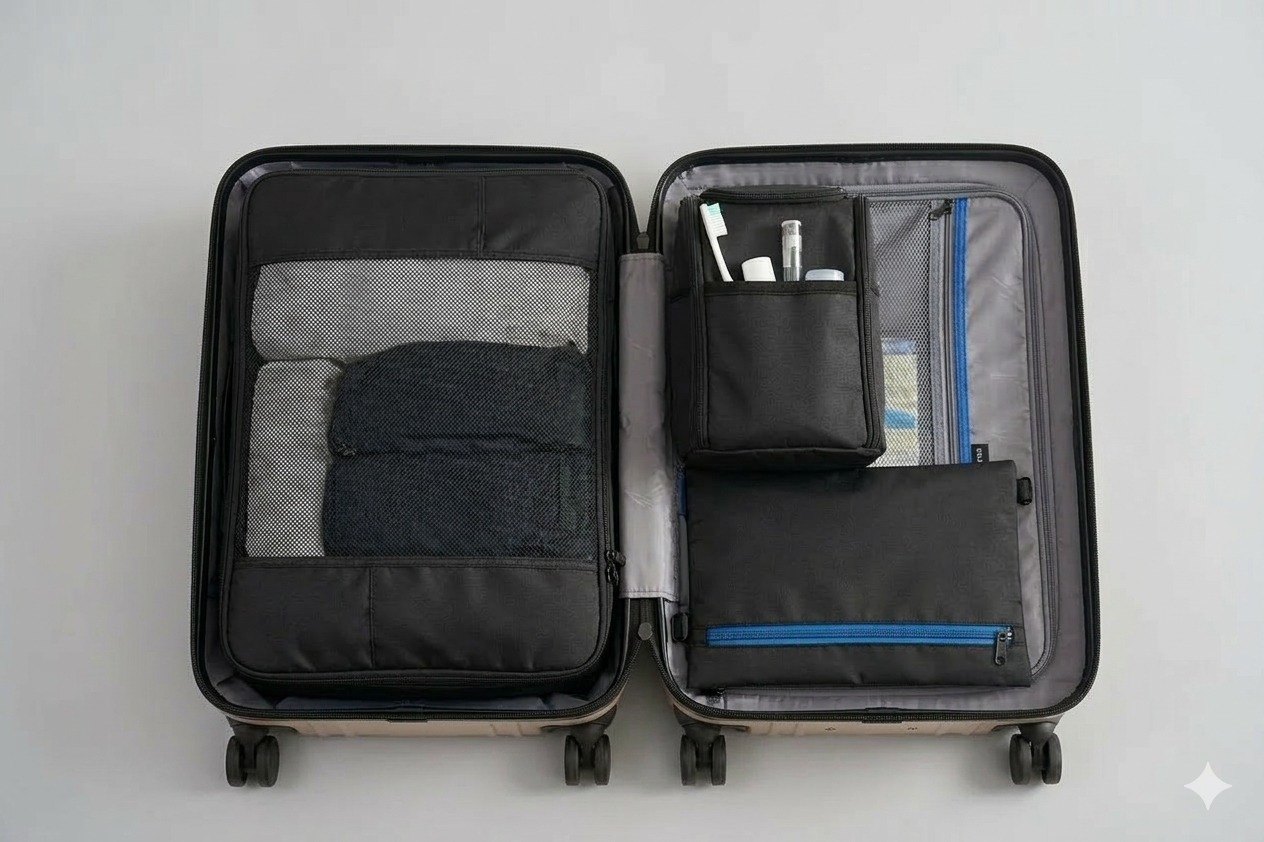 Suitcase packed with modular organizers